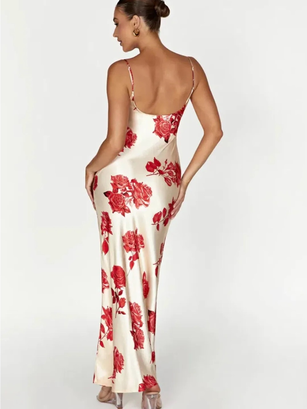 MESHKI Red Rose Champagne Satin Slip Maxi Dress Size S - Picture 2 of 16